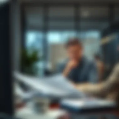 A business owner reviewing plans in a modern office