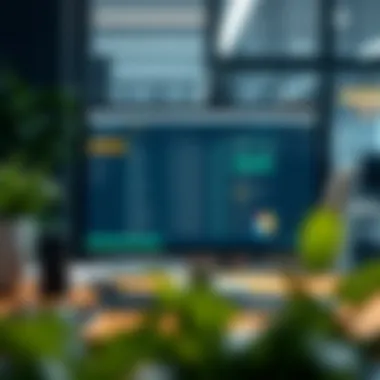 A modern office setting with payroll software on a computer screen