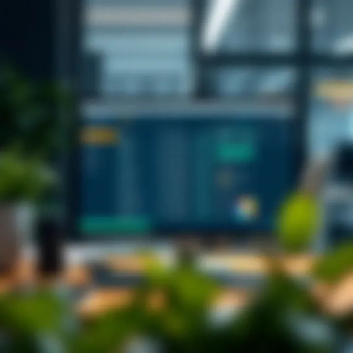 A modern office setting with payroll software on a computer screen