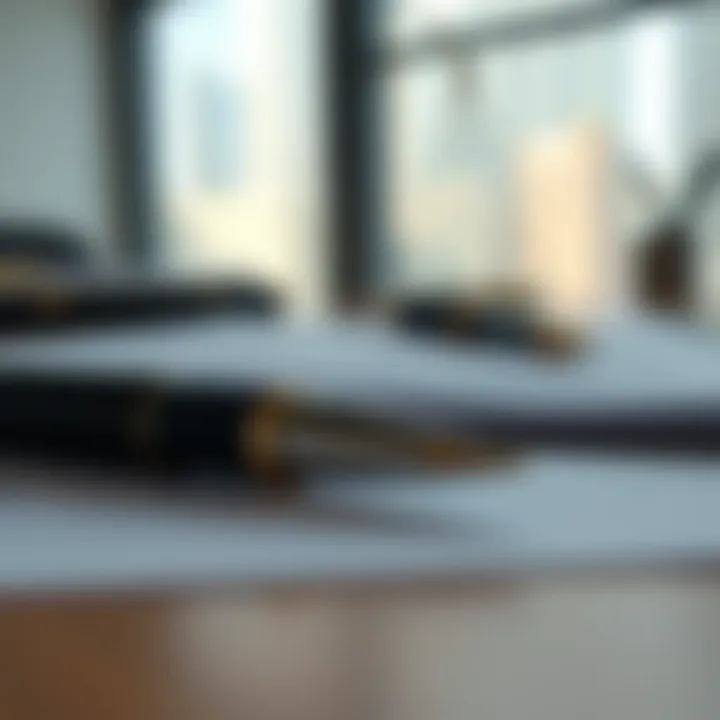 Close-up of legal documents and a pen on a desk