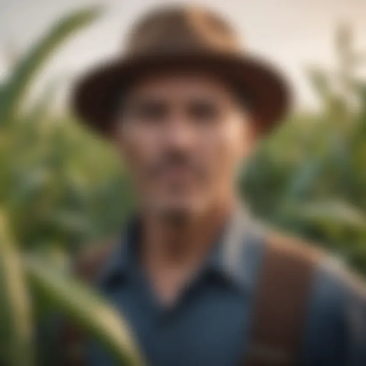 A farmer inspecting corn crops with a thoughtful expression