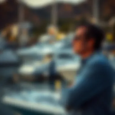 Contemplating Your Marine Purchase A thoughtful individual contemplating a boat purchase in a picturesque marina setting.
