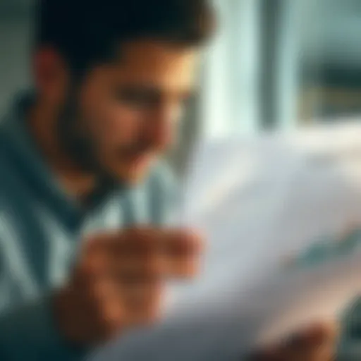A person analyzing a financial document with a focused expression