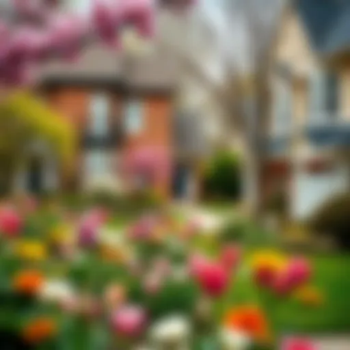 A picturesque neighborhood during spring showcasing blooming flowers and houses for sale