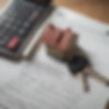 A close-up of a financial document with a calculator and housing keys.