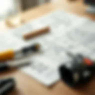 An architectural plan laid out on a table with tools.