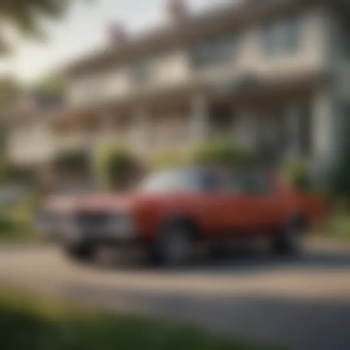 A scenic view of a car parked in front of a house