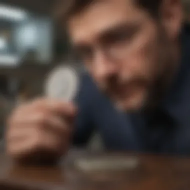 An expert examining a coin using magnifying tools and authentication methods