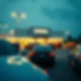 Illustration of a car dealership with various vehicles
