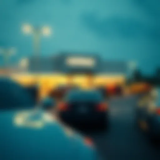 Illustration of a car dealership with various vehicles