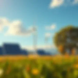 A conceptual illustration of sustainable energy sources, showcasing solar panels and wind turbines in harmony with nature.