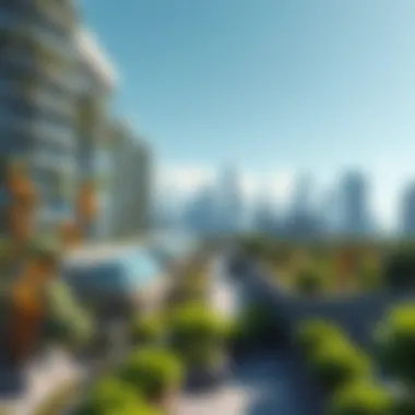 A futuristic city powered by sustainable energy, highlighting green buildings and urban gardens under a clear blue sky.