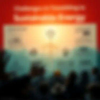 An infographic displaying challenges in transitioning to sustainable energy, with symbols representing various obstacles and solutions.