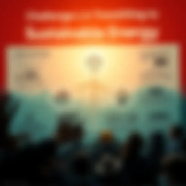 An infographic displaying challenges in transitioning to sustainable energy, with symbols representing various obstacles and solutions.