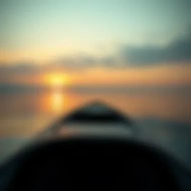 A serene landscape of a boat on a calm lake during sunset.