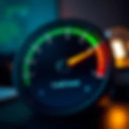 A visual representation of a credit score gauge